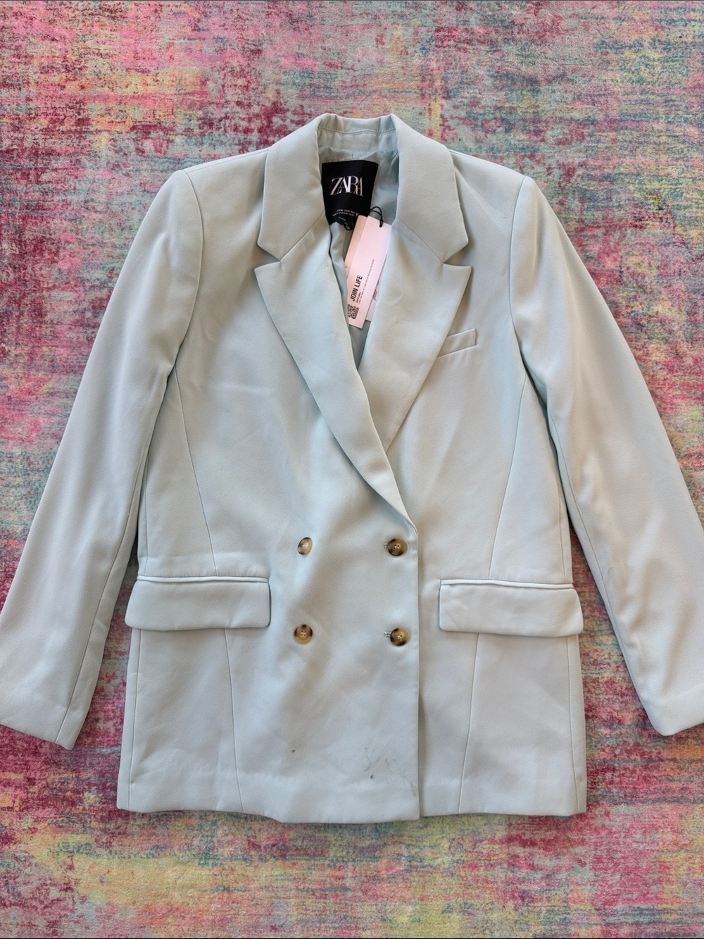ZARA Pale Blue Double-Breasted Blazer with Gold Buttons